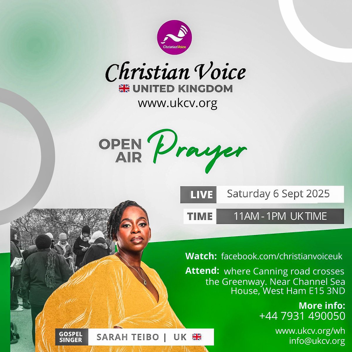 Join <a href="/ChristianVoicUK/">Christian Voice</a> 9th OpenAir Prayer of year at #WestHam

🗓 SAT 6•9•2025
⏱ 11AM-1pm
🏟 Greenway by Canning Rd
near Channel Sea House, London E15 3ND

Guest: <a href="/SarahTeiboMusic/">Såяåн тélво</a> | 🏴󠁧󠁢󠁥󠁮󠁧󠁿
Watch: facebook.com/ukcvfacebook
tiktok.com/@christianvoic…

#ประชุมสภา #يوم_الجمعة #aespa