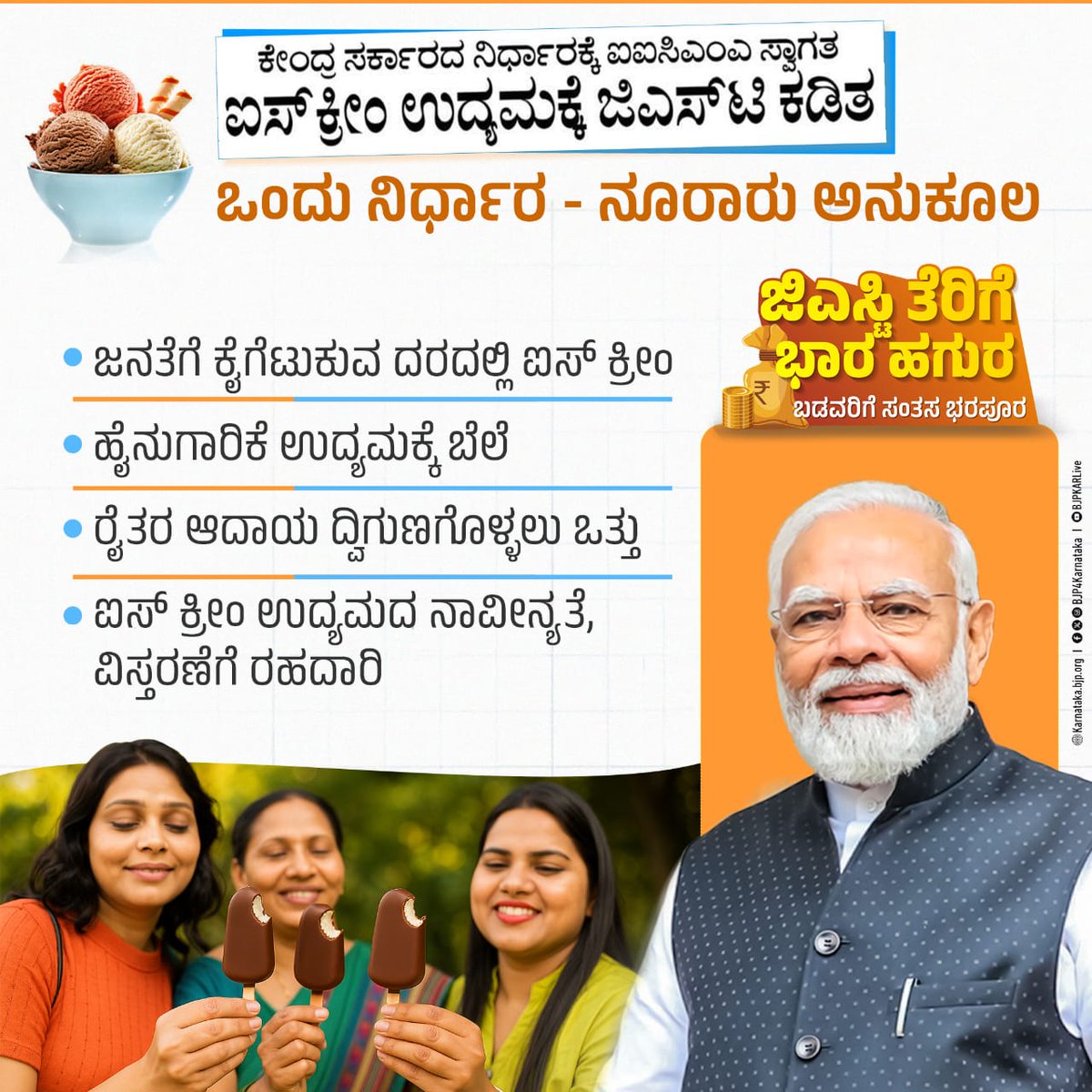 BJP4Karnataka's tweet photo. ಪ್ರಧಾನಿ @narendramodi ಸರ್ಕಾರದ ಒಂದು ನಿರ್ಧಾರ, ನೂರಾರು ಅನುಕೂಲಗಳಿಗೆ ಮುನ್ನುಡಿ ಬರೆದಿದೆ.

ಐಸ್ ಕ್ರೀಂ ಉದ್ಯಮದ ಮೇಲಿನ ಜಿ.ಎಸ್.ಟಿ ಕಡಿತದಿಂದ ಐಸ್ ಕ್ರೀಂ ಉದ್ಯಮಕ್ಕೆ ಪ್ರತ್ಯಕ್ಷ ಅನುಕೂಲವಾಗುವ ಜೊತೆ ನಾಡಿನ ರೈತರು ಹಾಗೂ ಹೈನುಗಾರಿಕೆಗೂ ಅನುಕೂಲವಾಗಲಿದೆ.

#NextGenGST
#ModiForMiddleClass
#TaxReduction https://t.co/za8RWMq4li