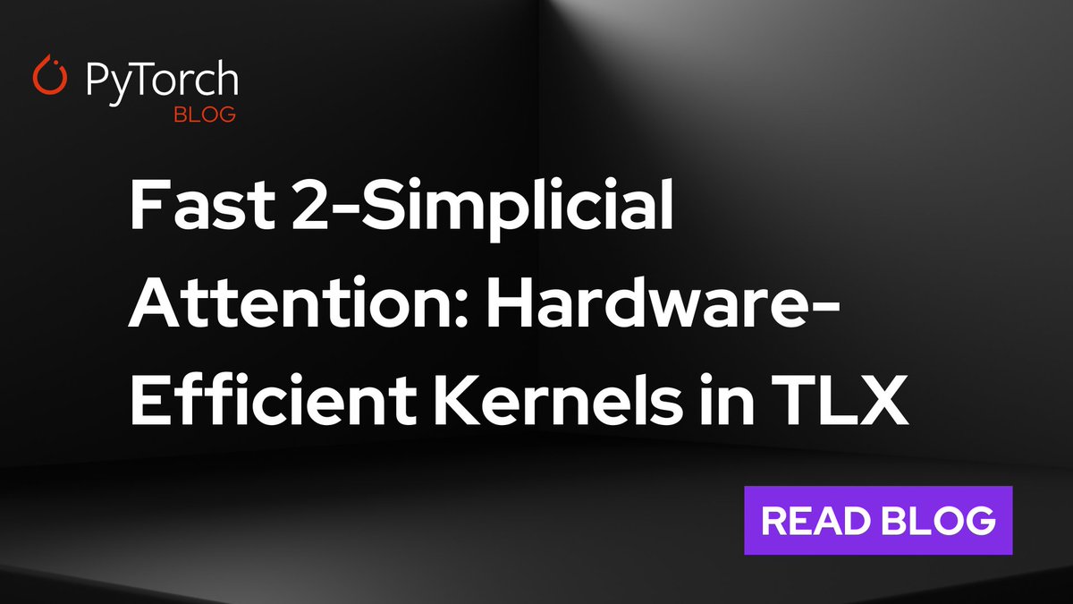 PyTorch's tweet image. FlashAttention in 3D? Our latest blog explores the #kernel design of 2-Simplicial #Attention, modeling the algorithm with a hardware aligned design and rewriting the entire kernel in TLX (Triton Low Level Extensions).

🔗 hubs.la/Q03H6S9D0

#PyTorch #OpenSourceAI