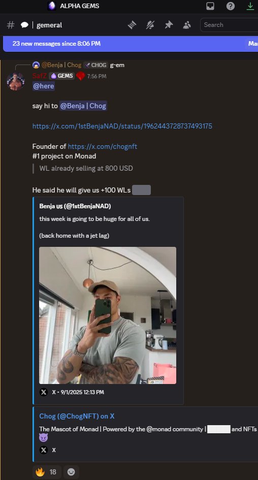 SafZ (@crypsaf) on Twitter photo We got the <a href="/monad/">Monad โจ</a> big boss in ๐ซก
Keep eyes on the #1 Monad cult: <a href="/ChogNFT/">Chog</a>
WL is already selling at $800 (OTC)
<a href="/1stBenjaNAD/">Benja ๐บ๐ธ</a> has been cooking nonstop on the purple chain ๐
<a href="/0xAlphaGEMs/">Alpha GEMS</a> is always early.
Youโll find us everywhere ๐ We got the <a href="/monad/">Monad โจ</a> big boss in ๐ซก
Keep eyes on the #1 Monad cult: <a href="/ChogNFT/">Chog</a>
WL is already selling at $800 (OTC)
<a href="/1stBenjaNAD/">Benja ๐บ๐ธ</a> has been cooking nonstop on the purple chain ๐
<a href="/0xAlphaGEMs/">Alpha GEMS</a> is always early.
Youโll find us everywhere ๐