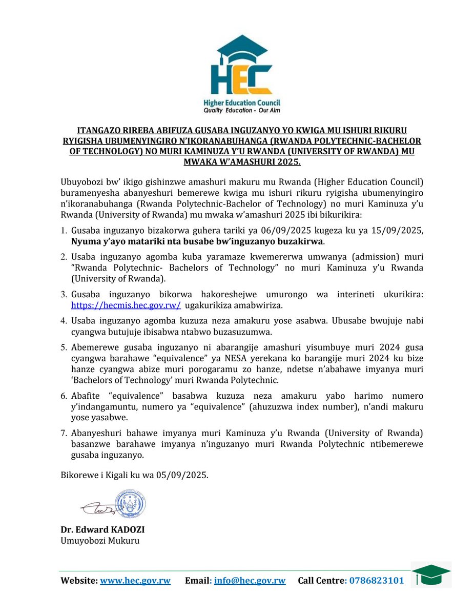 A document with the Higher Education Council (HEC) logo at the top. Text announces an application for studies at the University of Rwanda and Rwanda Polytechnic for the 2025 academic year. Edward Kagabo\'s signature and contact information are visible at the bottom.