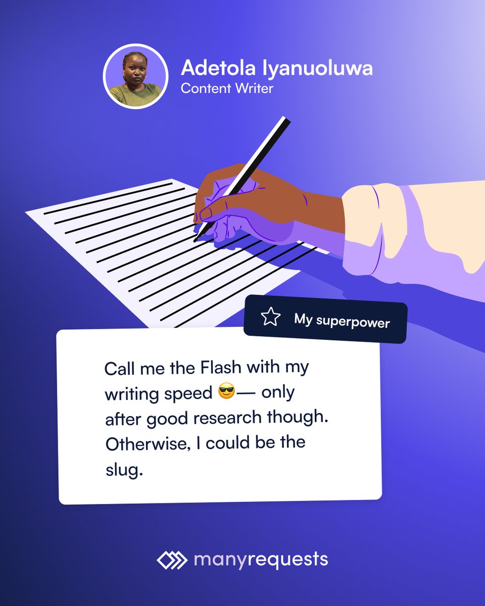 ManyRequests's tweet image. 👋🏼 Say hello to Adetola, our content writer from Lagos 🇳🇬

📚 She loves diving into research, writing at lightning speed, and swears by the service catalog feature in ManyRequests.

👉 Get to know the rest of our team and see how ManyRequests makes creative agency life easier