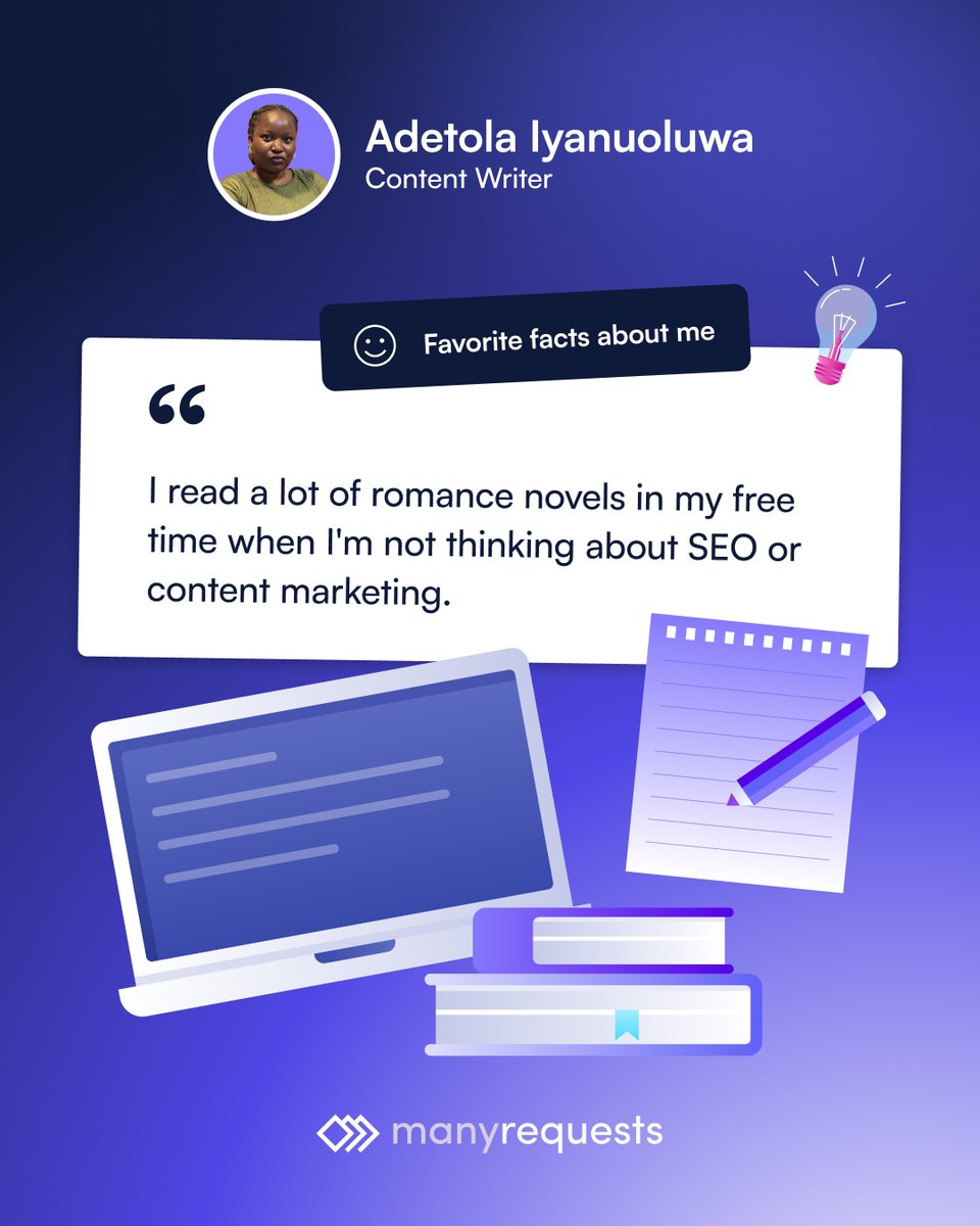 ManyRequests's tweet image. 👋🏼 Say hello to Adetola, our content writer from Lagos 🇳🇬

📚 She loves diving into research, writing at lightning speed, and swears by the service catalog feature in ManyRequests.

👉 Get to know the rest of our team and see how ManyRequests makes creative agency life easier
