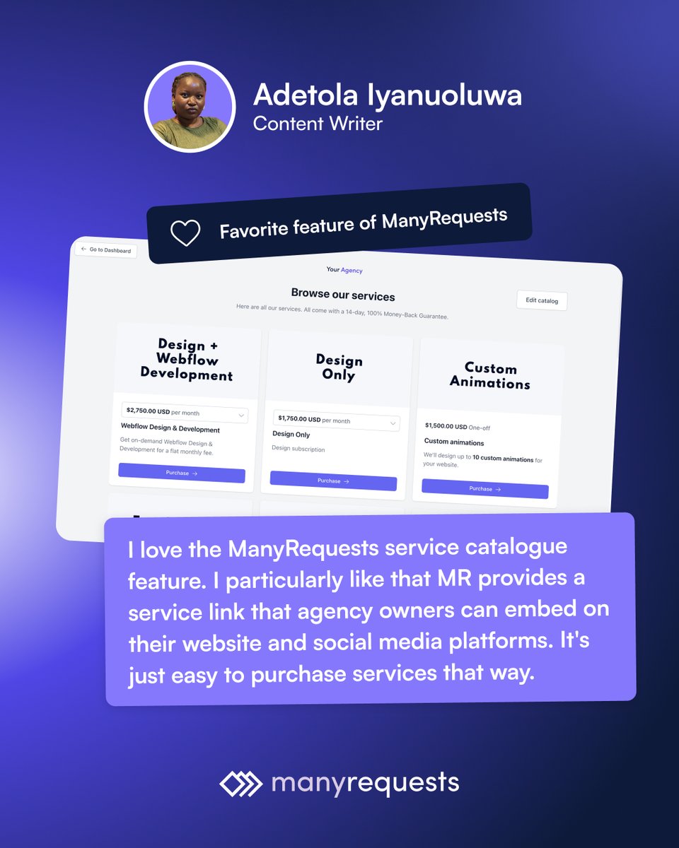 ManyRequests's tweet image. 👋🏼 Say hello to Adetola, our content writer from Lagos 🇳🇬

📚 She loves diving into research, writing at lightning speed, and swears by the service catalog feature in ManyRequests.

👉 Get to know the rest of our team and see how ManyRequests makes creative agency life easier