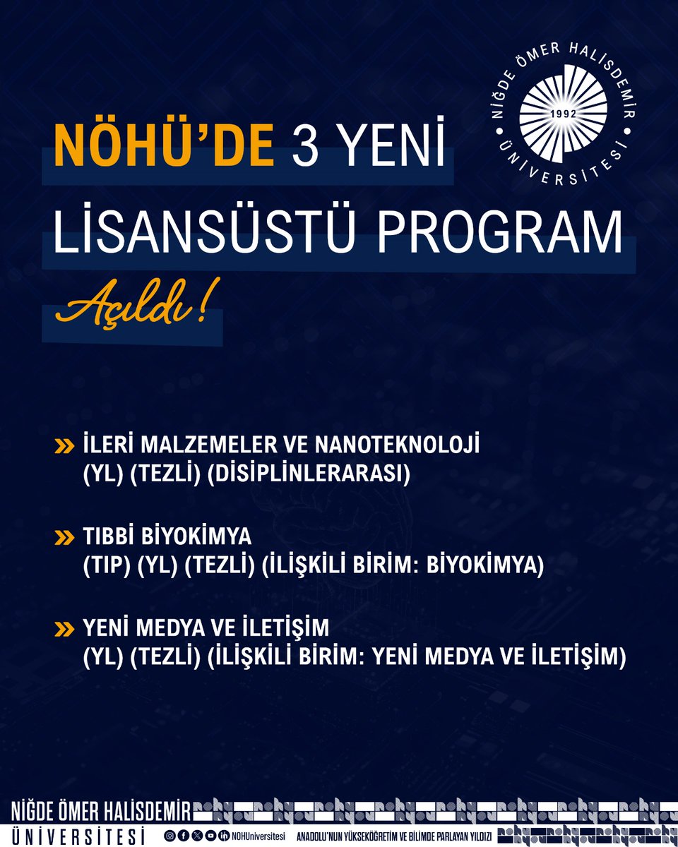Üniversitemizin eğitim kalitesini artırma hedefi doğrultusunda, 3 yeni yüksek lisans programı açıldı! ✔️🎓  
Yoğun çalışmalar sonucu açılan bu programların hayırlı olmasını diliyorum. 

#NÖHÜ  
#Niğde