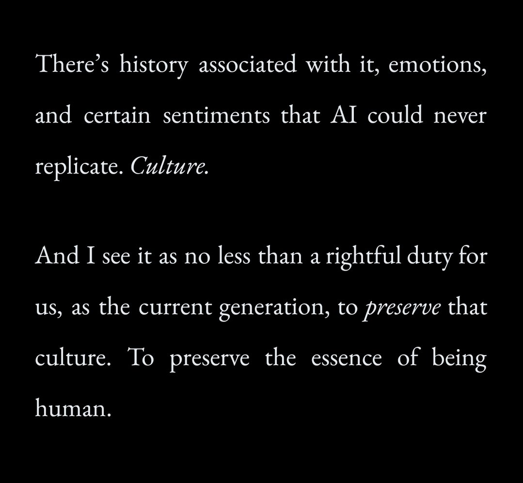 wrote a little something on genAI disrupting creative spaces a while back for an essay event (which I lost miserably) but here are my two cents for anyone who's interested 😋