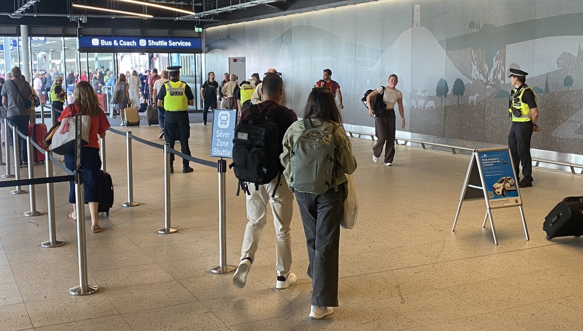 ASPAirport's tweet photo. 👮‍♂️ Project Servator trained officers were on deployment today at Bristol Airport’s new Transport Interchange - staying visible, approachable, and only slightly jealous of those going on holiday. 😄✈️
Thanks to those who stopped for a chat  #ProjectServator #BristolAirport https://t.co/k9JVuCKVVj