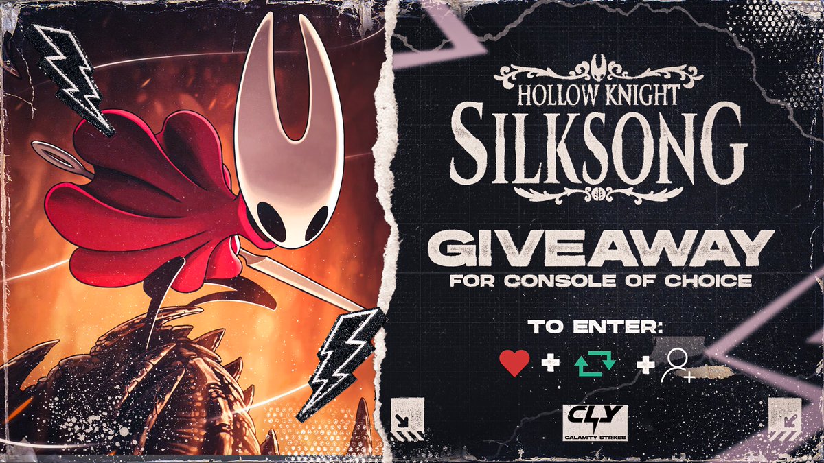 Calamity (formerly DTR) (@calamityesc) on Twitter photo 🚨 GIVEAWAY TIME 🚨
We are giving away a copy of Hollow Knight: Silksong 🪶✨
How to enter:
1️⃣ Follow <a href="/CalamityESC/">Calamity (formerly DTR)</a>
2️⃣ Like ❤️ & Retweet 🔁
3️⃣ Tag a friend in the comments 👥
Winner announced September 12th 🏆
Don’t miss your shot! 👀
#CalamityStrikes 🚨 GIVEAWAY TIME 🚨
We are giving away a copy of Hollow Knight: Silksong 🪶✨
How to enter:
1️⃣ Follow <a href="/CalamityESC/">Calamity (formerly DTR)</a>
2️⃣ Like ❤️ & Retweet 🔁
3️⃣ Tag a friend in the comments 👥
Winner announced September 12th 🏆
Don’t miss your shot! 👀
#CalamityStrikes