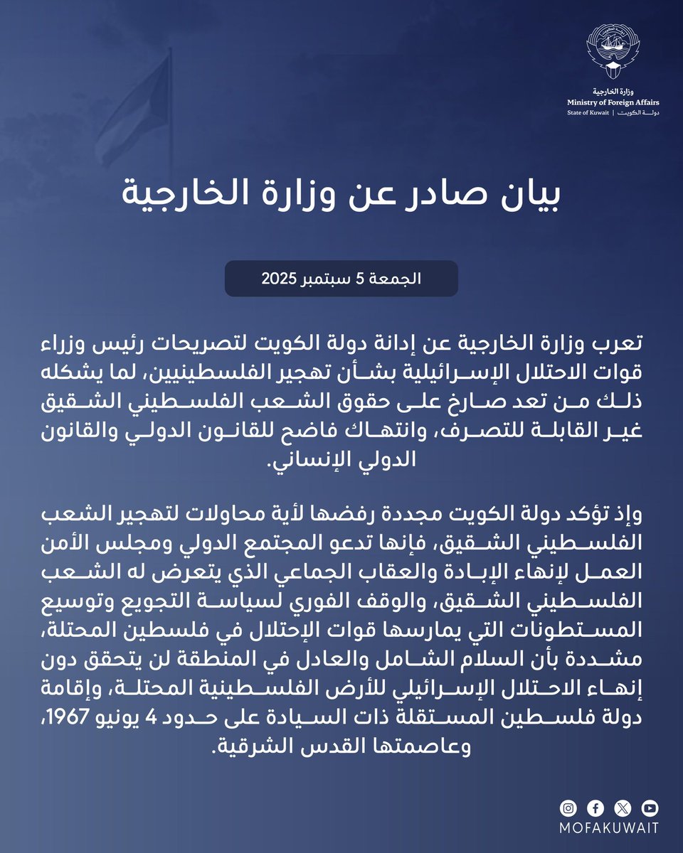 بيان صادر عن وزارة الخارجية
الجمعة 5 سبتمبر 2025

تعرب وزارة الخارجية عن إدانة دولة الكويت لتصريحات رئيس وزراء قوات الاحتلال الإسرائيلية بشأن تهجير الفلسطينيين، لما يشكله ذلك من تعد صارخ على حقوق الشعب الفلسطيني الشقيق غير القابلة للتصرف، وانتهاك فاضح للقانون الدولي والقانون