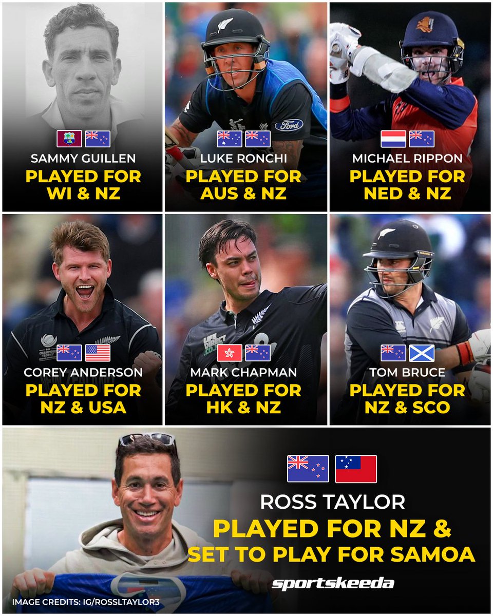 Sportskeeda's tweet image. Ross Taylor is set to become the 7th cricketer to represent two nations, with one being New Zealand! 🇳🇿🔥

Fun fact: Sammy Guillen, the grandfather of Netherlands pacer Logan van Beek, was the first to do so! 🏏✨

#RossTaylor #NewZealand #Cricket #Sportskeeda