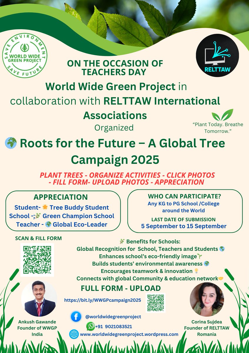 World Wide Green Project (International Project in 50 Countries) presents
 "Roots for the Future – A Global Tree Campaign 2025" 
bit.ly/WWGPcampaign20…
<a href="/UNEP/">UN Environment Programme</a> <a href="/NatGeoEducation/">Nat Geo Education</a>
<a href="/MahaSamagra/">Samagra Shiksha Maharashtra</a> <a href="/FlipgridEvents/">Flip Events</a> <a href="/MicrosoftEDU/">Microsoft Education</a> <a href="/TeacherPrize/">Global Teacher Prize</a> <a href="/wakelet/">Wakelet 💙</a> <a href="/quivervision/">QuiverVision</a> <a href="/Microsoft/">Microsoft</a> <a href="/EnvAgency/">Environment Agency</a>