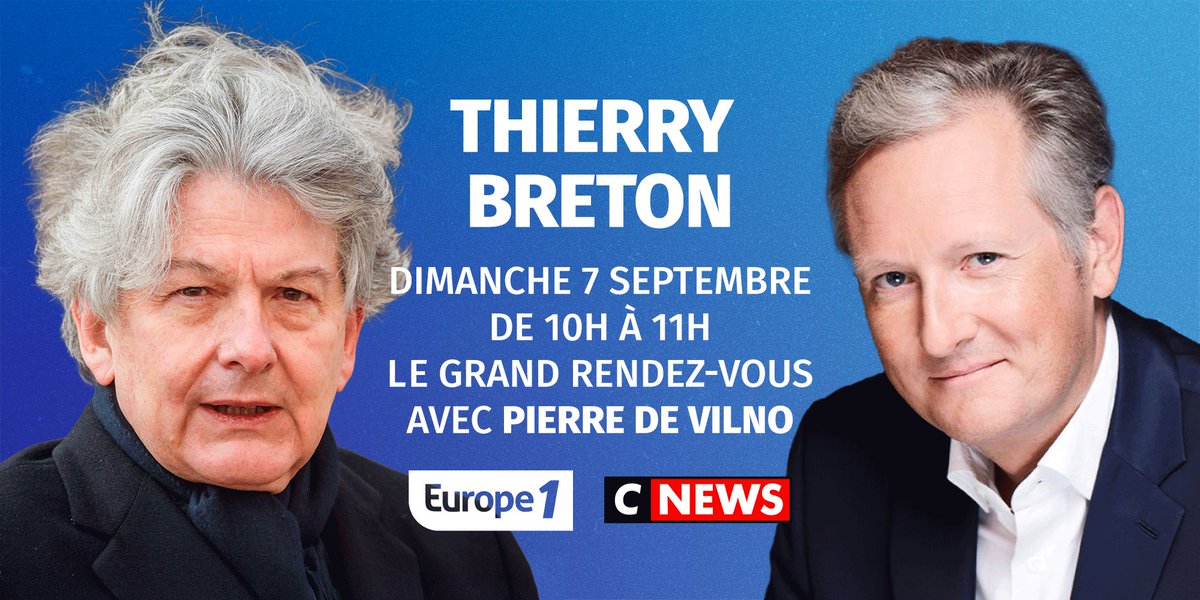🔵 Ce dimanche 7 septembre dans #LeGrandRDV sur #Europe1

➡️ <a href="/Pierredevilno/">Pierre de Vilno</a> reçoit <a href="/ThierryBreton/">Thierry Breton</a>, ancien commissaire européen au Marché Intérieur
