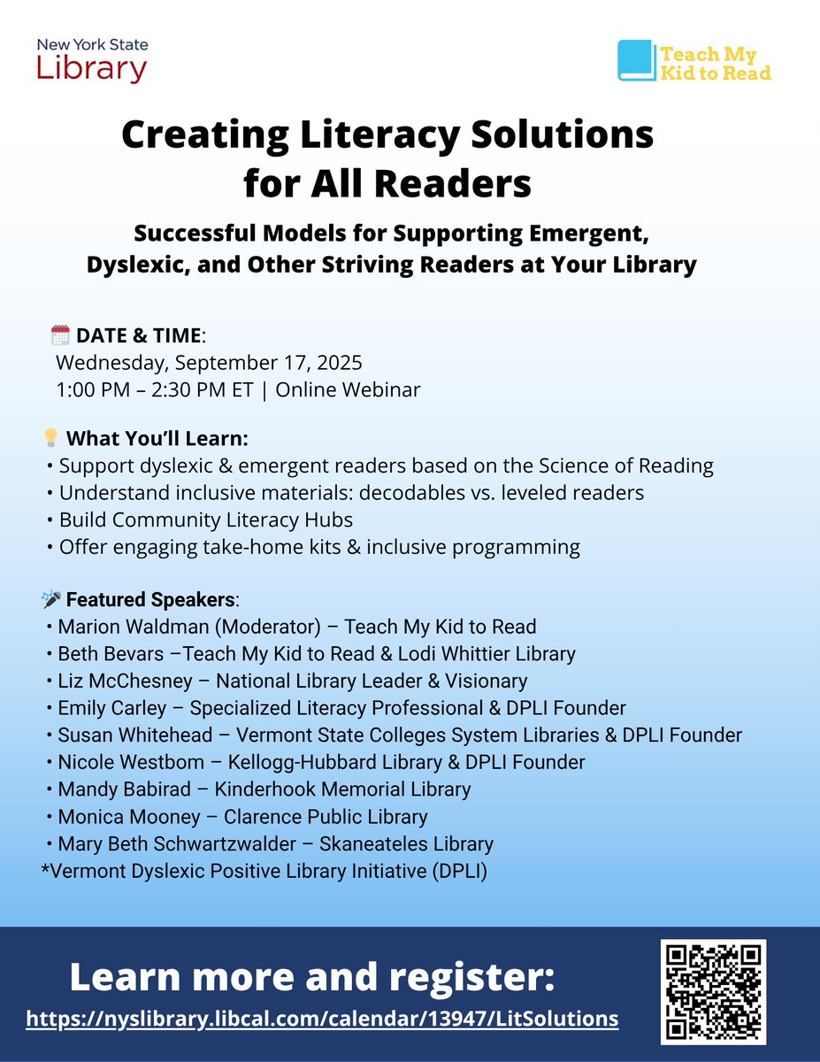 Join us for our second Webinar with @NYStatelibrary on September 17th. Learn about national and state initiatives that libraries in New York, other states, and nationally are implementing to support literacy based on SoR.

nyslibrary.libcal.com/event/15030251
