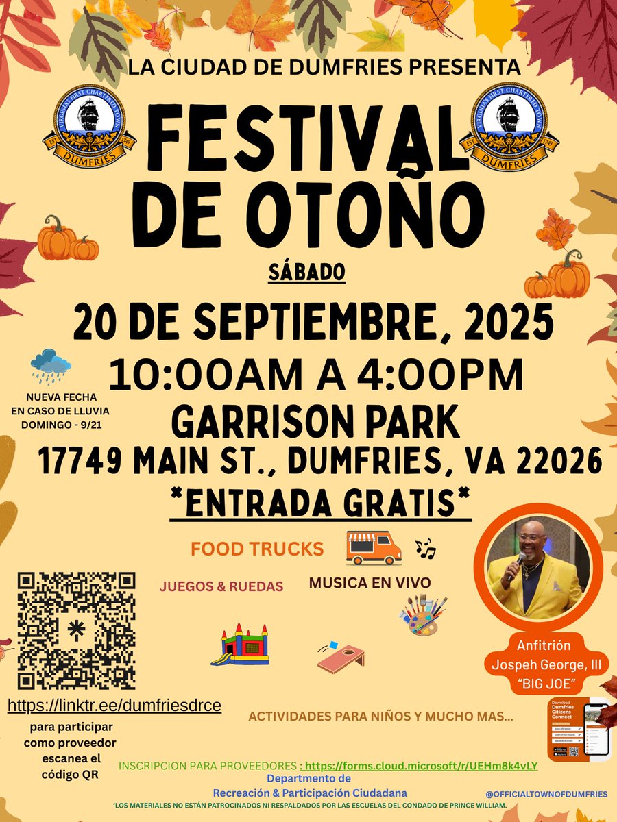 🍂🎉 Don’t miss the Town of Dumfries Fall Festival!
📅 Sat, Sept 20 | 🕙 10AM–4PM
📍 Garrison Park | Free Entry
Food trucks, live music, games, kids’ fun &amp; more! 🎡🎶🍴
👉 linktr.ee/dumfriesdrce

#DumfriesVA #FallFestival