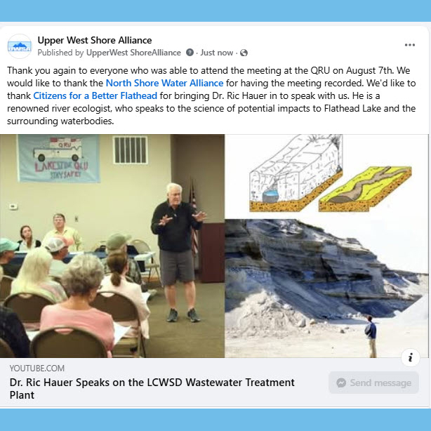 upperwestshore's tweet photo. We would like to thank the NSWA for having the meeting recorded. We'd like to thank CBF for bringing Dr. Ric Hauer in to speak with us. He is a renowned river ecologist, who speaks to the science of potential impacts to Flathead Lake and the surrounding waterbodies. https://t.co/fzGYHcVNMP