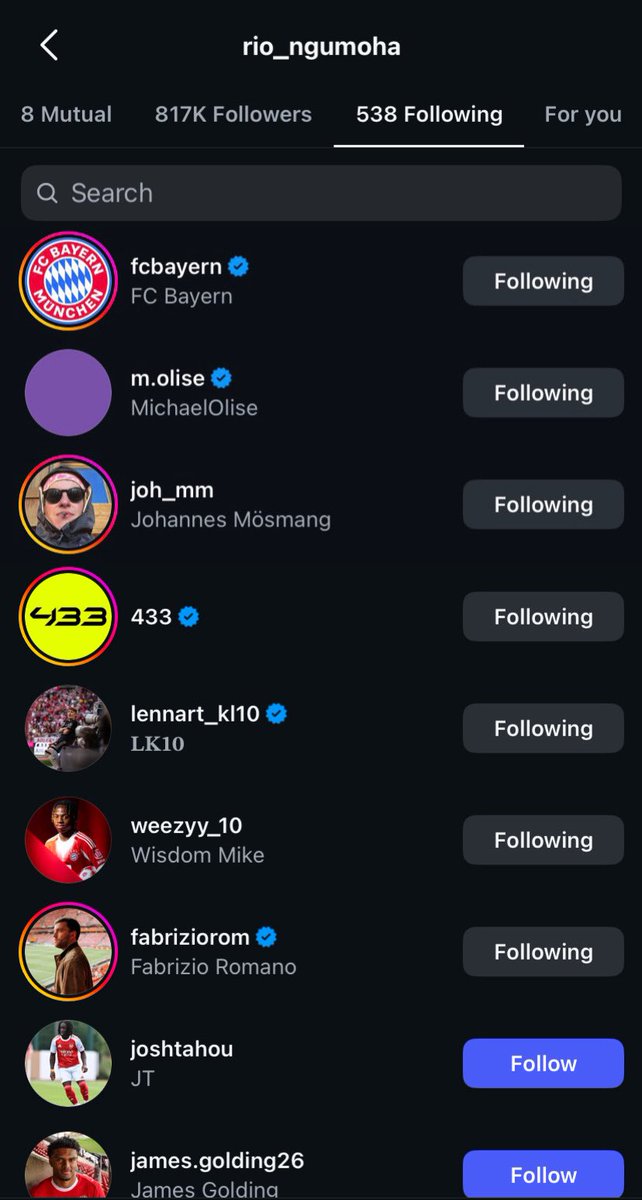 [🚨📸] NEW: Liverpool talent Rio Ngumoha has started following Johannes Mosmang, Bayern’s Head of Player Care, on Instagram. 👀