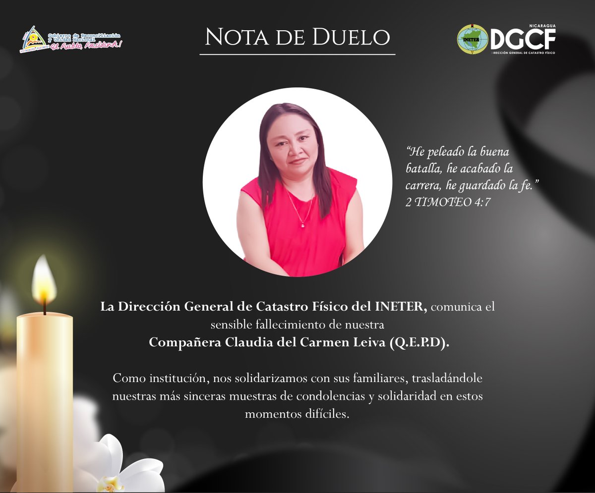 #CatastroNicaragua Como familia DGCF, Nos unimos al dolor que embarga a sus familiares, amigos y seres queridos en este momento tan difícil, y elevamos una oración por su descanso eterno. Su legado y compromiso permanecerán en la memoria de quienes tuvimos el honor de conocerle.