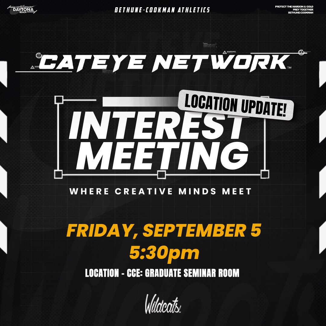 LOCATION UPDATE!

Come make your mark and join the CatEye Network!

Friday, September 5 at 5:30pm. 

Location - CCE: Graduate Seminar Room 

𝗝𝗢𝗜𝗡 𝗧𝗛𝗘 𝗖𝗔𝗧𝗘𝗬𝗘 𝗡𝗘𝗧𝗪𝗢𝗥𝗞 😼 📷
🔗 bit.ly/4cqm0go

#𝙃𝙖𝙞𝙡𝙒𝙞𝙡𝙙𝙘𝙖𝙩𝙨 | #𝙋𝙧𝙚𝙮𝙏𝙤𝙜𝙚𝙩𝙝𝙚𝙧