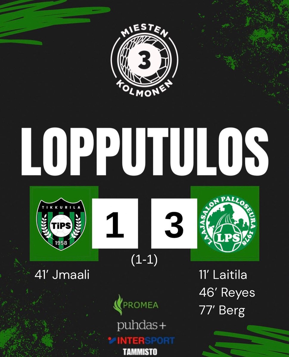 TiPSEdustus's tweet photo. Takkiin Tiksissä.

LPS vie pisteet mukanaan 1-3 lukemin. Kotijoukkueen osuma Aziz Jmaalin käsialaa.

Eteenpäin.

#tips #kolmonen #tikkurila #tikkurilanpalloseura #suomifutis https://t.co/IgASiSIUoP