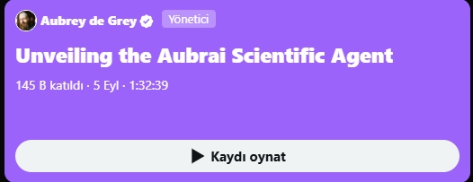Az önce <a href="/aubreydegrey/">Aubrey de Grey</a>'in yaptığı canlı yayın bitti. 145 bin tekil izleyiciye ulaştılar, anlık 3,3 bin kişi de canlı olarak dinledi. 

<a href="/BioProtocol/">Bio Protocol</a>'un etkisi böyle bir şey işte. Güzel planlama, harika marketing ve launch'a katılanları hayal kırıklığına uğratmayacak bir lansman.