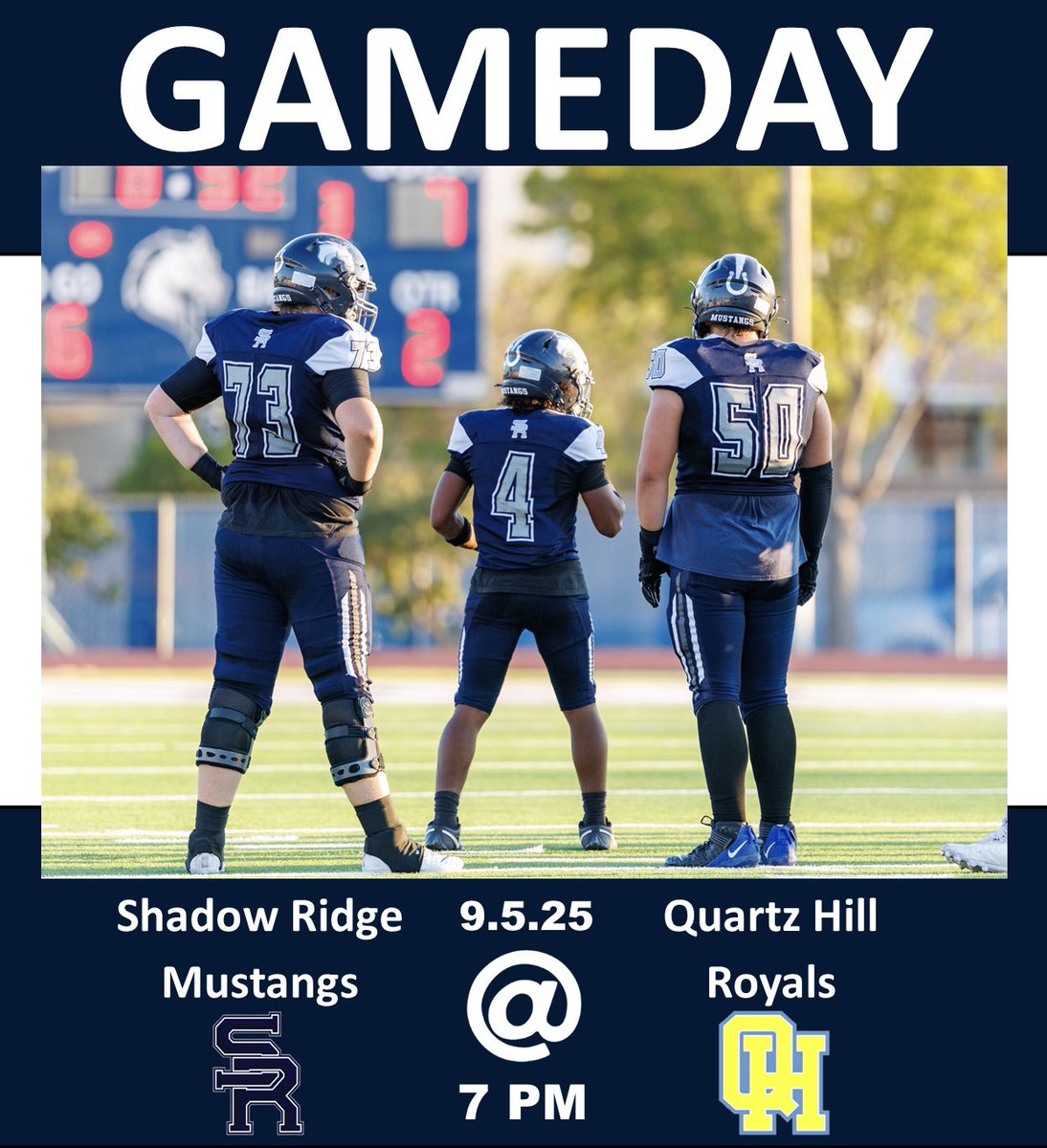 Game Day! 🎥🏈🔨For this Week 3 Matchup your Mustangs are AWAY in California at Quartz Hill HS! Kickoff is @ 7 PM!
-
#DefendTheRidge #BTM #JustBetter #ViolenceIsComing #WeLitAtTheRidge #ShadowFootball
