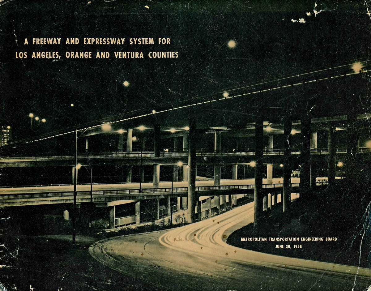 1958-June-30 - Cover of Metropolitan Transportation Engineering Board report showing the brightly-lit four level interchange of Hollywood Fwy (US-101) &amp; Harbor/Pasadena Fwys (US-6-66-99/CA-11).