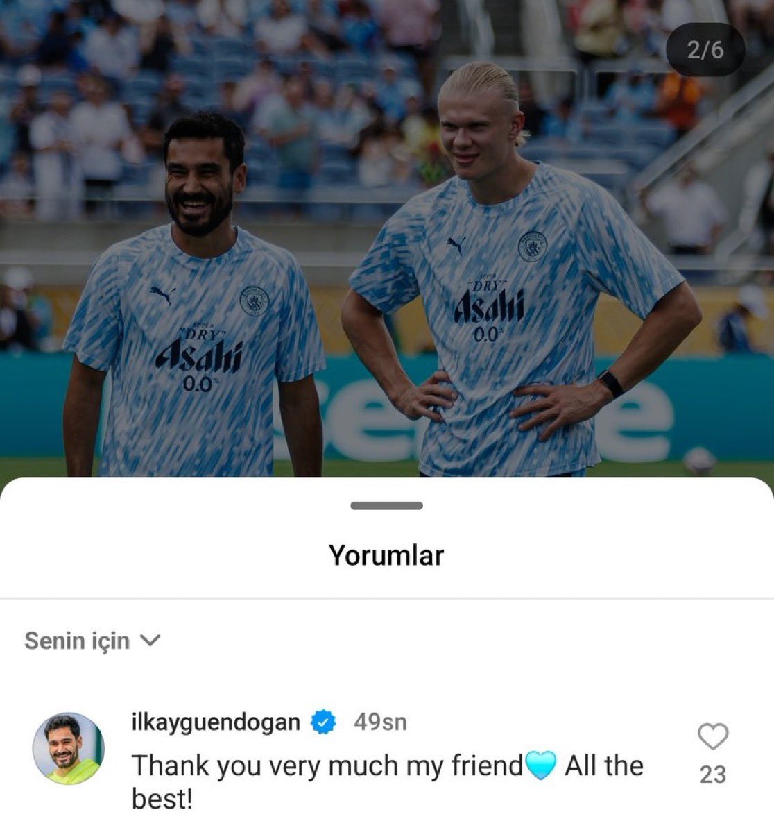 Haaland: "Her zaman örnek teşkil eden, gerçek bir ilham kaynağı. Sana en iyisini diliyorum Gundo!"

İlkay: "Çok teşekkür ederim arkadaşım. En iyi dileklerimle."