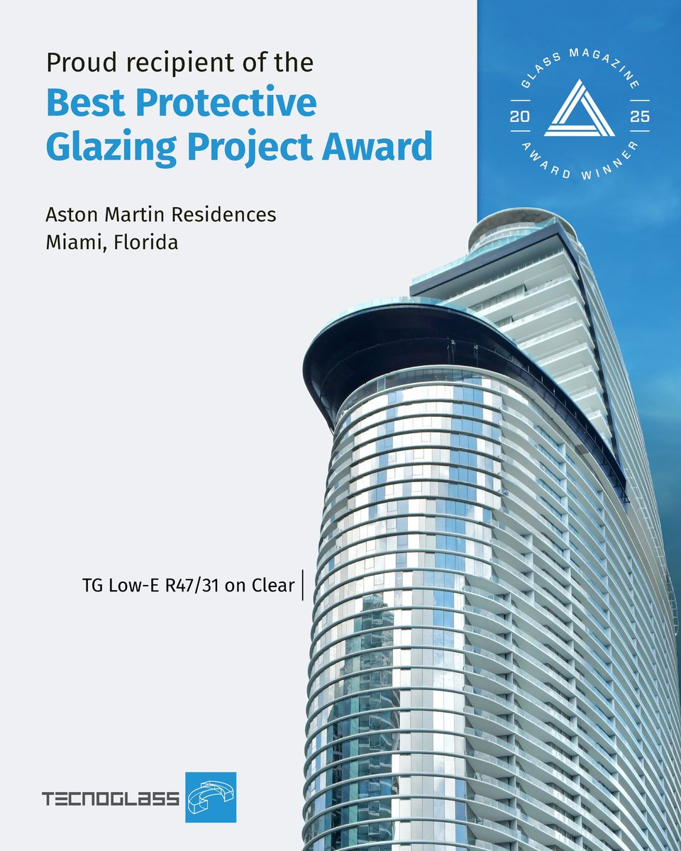 Proud recipient of the Glass Magazine Award for Best Protective Glazing Project! 🏆🎉

Aston Martin Residences in Miami has been recognized for its advanced glazing solutions featuring our TG Low-E R47/31 coating, delivering top-level protection with elegance and performance.

A