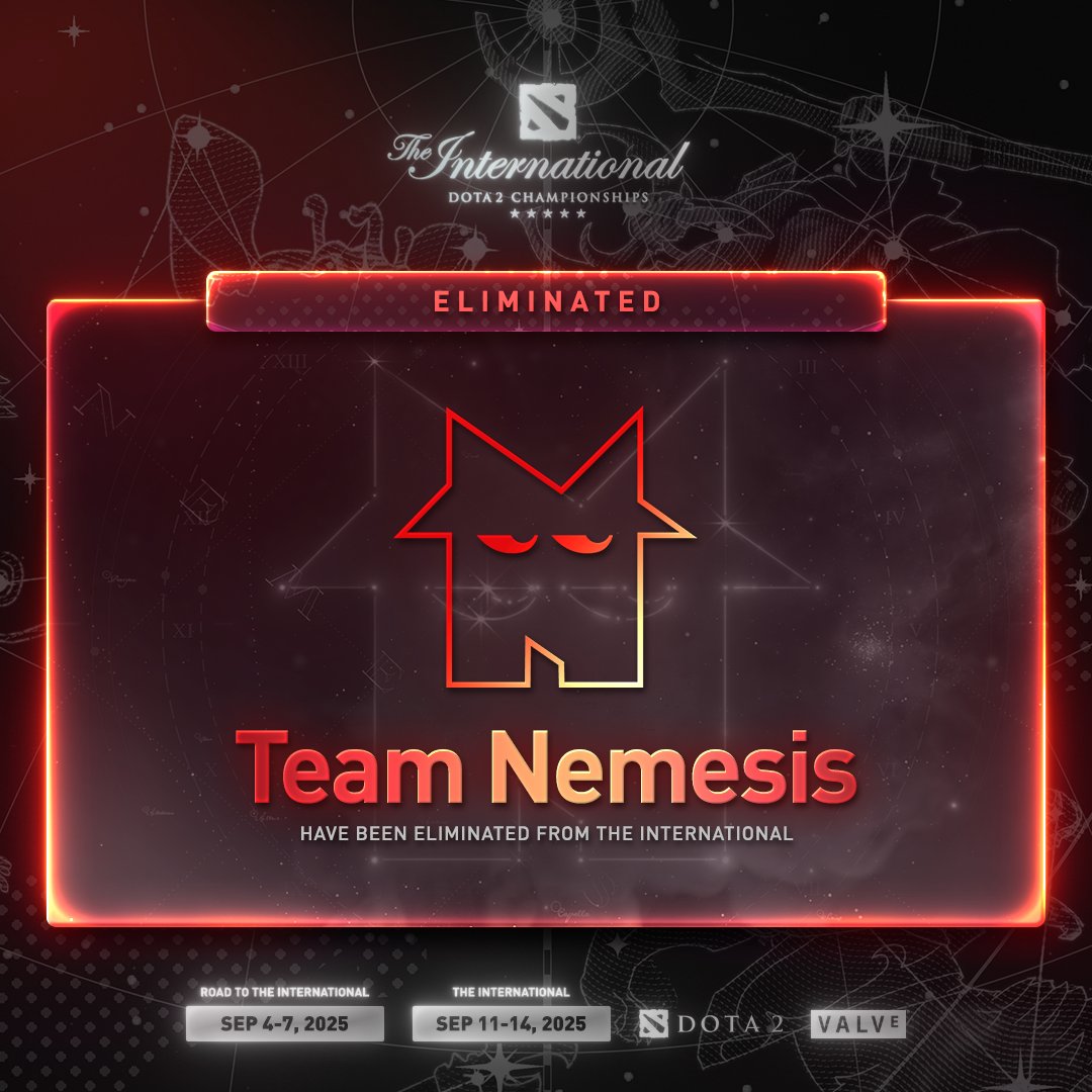 Team Nemesis are the first team to be eliminated from The International 2025. Their road on the quest for the Aegis of Champions comes to an end. #TI14 #Dota2