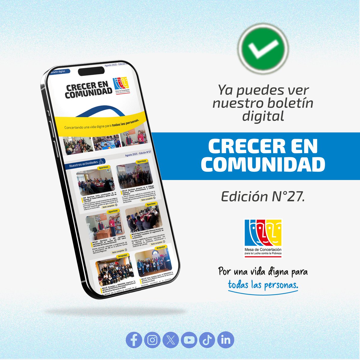 📣¡Ya salió nuestro Boletín Digital "Crecer en Comunidad"!
✅En esta edición N°27, podrás conocer nuestras actividades realizadas en agosto.
🔗Descárgalo aquí: tinyurl.com/twwaf6r9
#CrecerEnComunidad #PorUnaVidaDigna #MCLCP