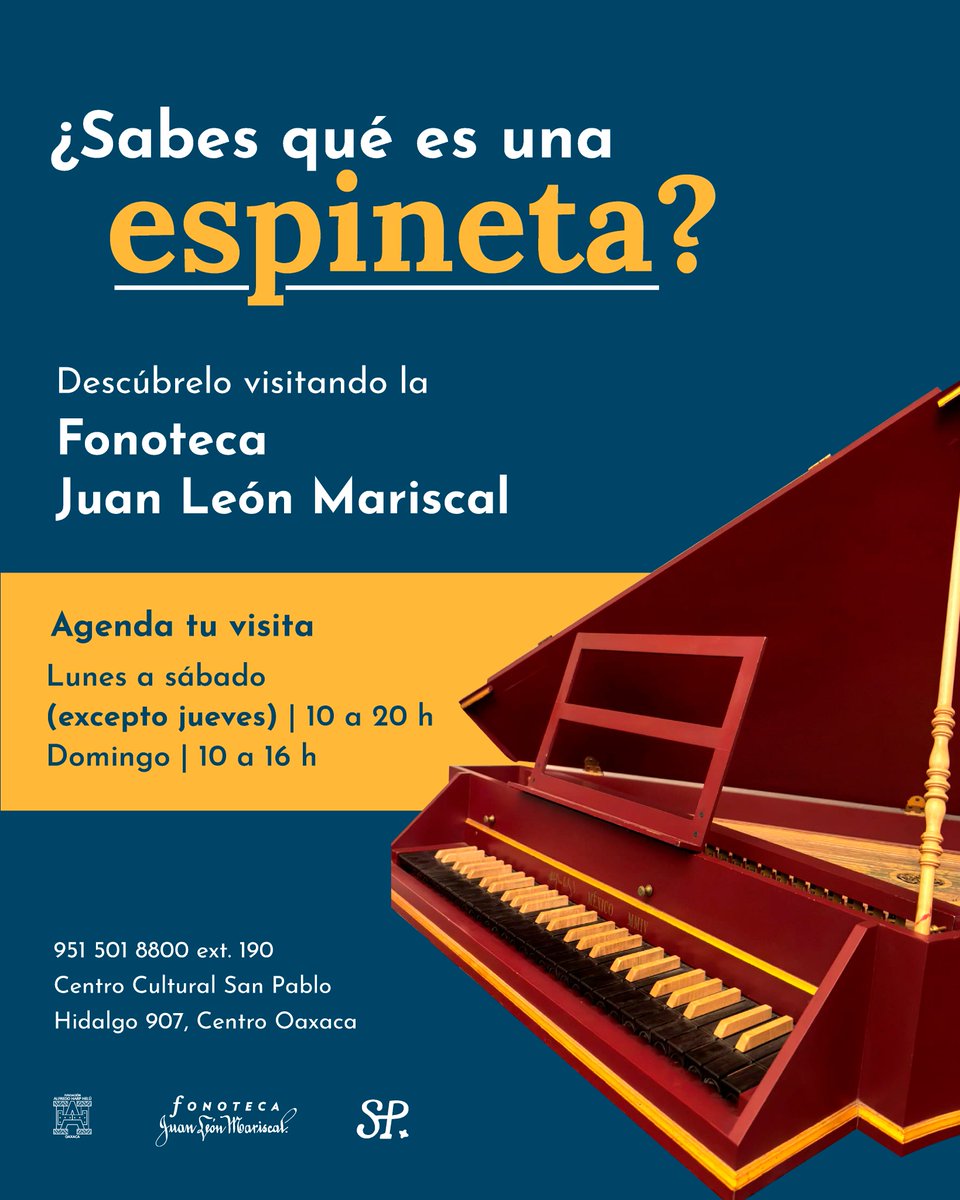 ¡Ven a la Fonoteca y conoce más sobre la espineta!
Para conocer más, visítanos en el <a href="/fahho_sanpablo/">Centro Cultural SP</a>, tenemos un impresionante acervo sobre música clásica
<a href="/FundacionAHHO/">Fundación Alfredo Harp Helú Oaxaca</a> 

ENTRADA GRATUITA