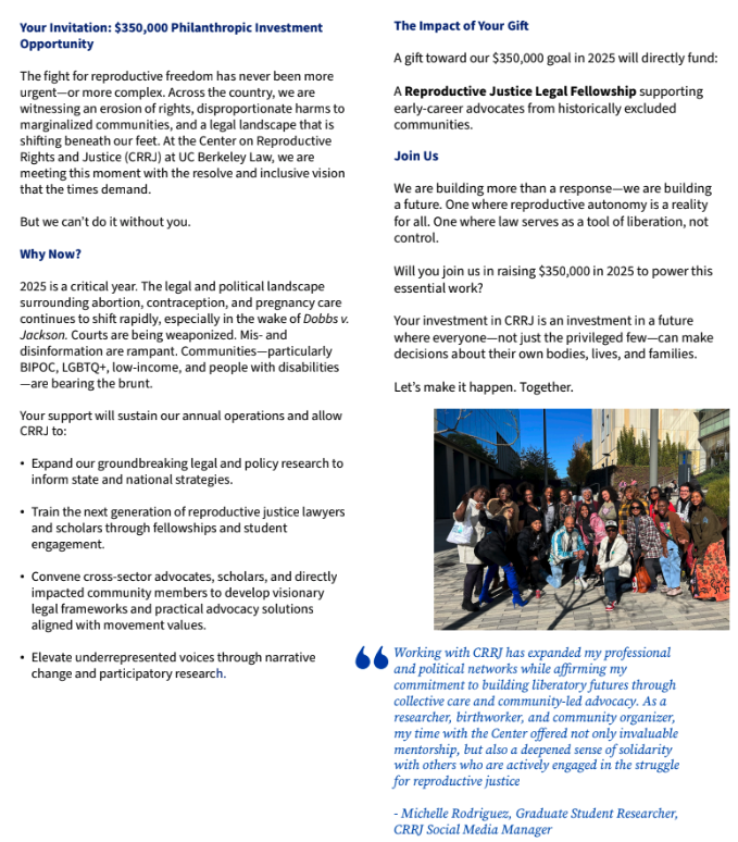 The University of California Berkeley is trying to raise $350,000 to push pro-abortion policies and train hundreds of activists and lawyers within the student population.

They released this report and appeal through their Center on Reproductive Justice &amp; Rights today.