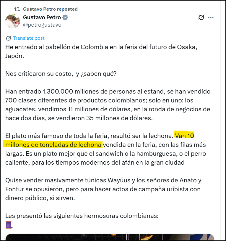 Esto equivale a 200 millones de lechonas.
O sea ¡200 millones de cerditos!
Ni Irene Velez se atrevió a tanto