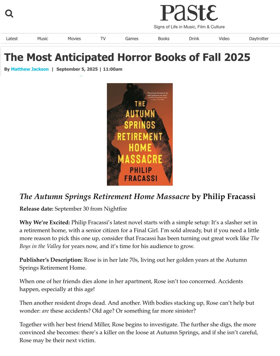 Thanks to Paste Magazine for including AUTUMN SPRINGS on this list of Fall horror releases. Lots of great stuff to check out here.

Full article: pastemagazine.com/books/horror/t…