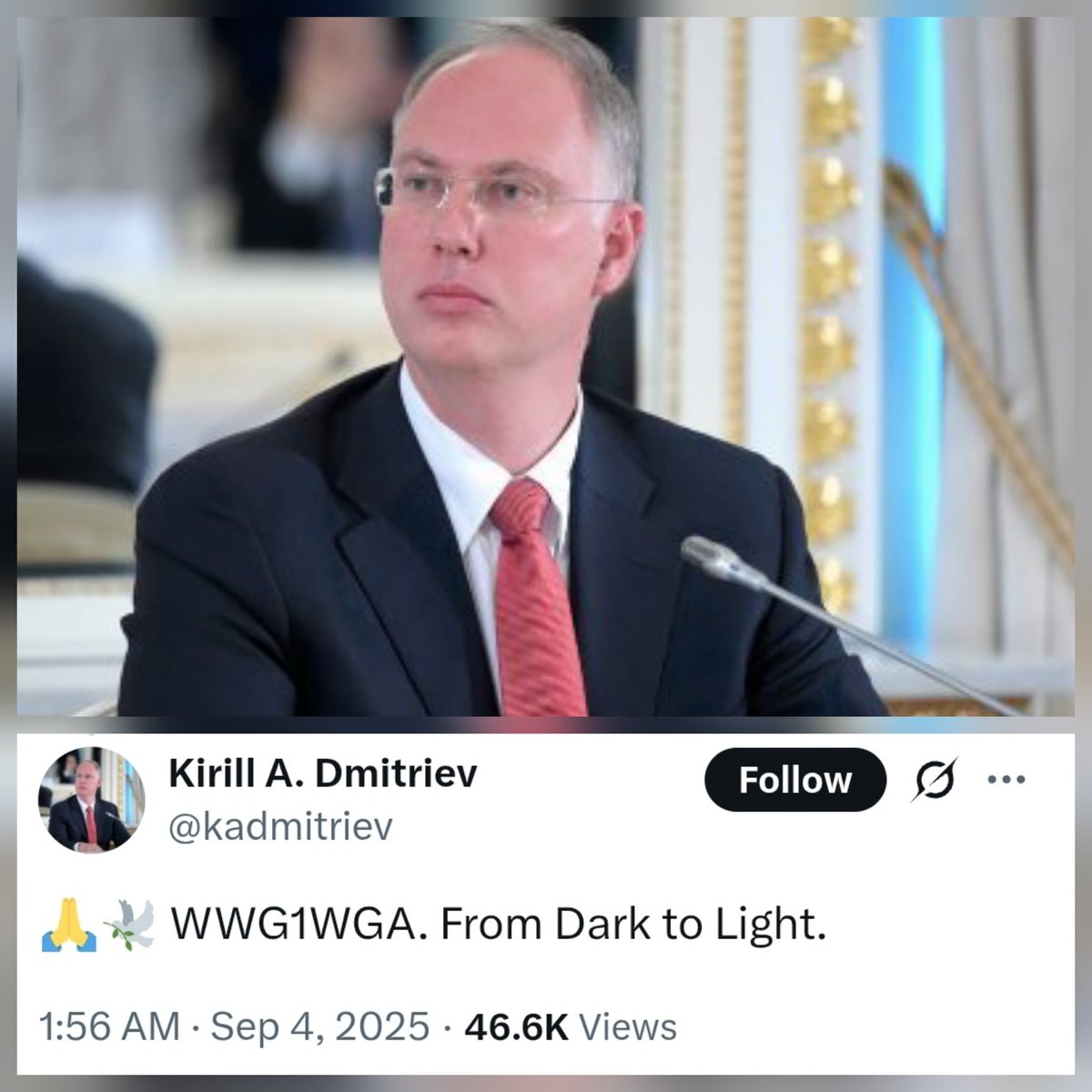 Vladimir Putin’s advisor Kirill A. Dmitriev posted “WWG1WGA From Dark to Light” on his page just days after sharing a post about “Q+.”

WWG1WGA stands for "Where We Go One, We Go All"

A slogan that has been vilified by the mainstream media.