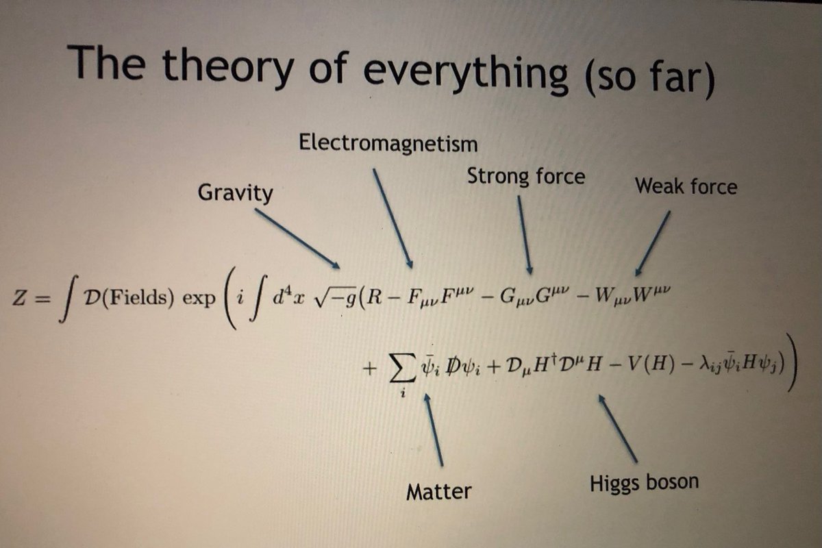 AastikUdenia's tweet image. The “theory of everything” (so far):
🌌 Gravity
⚡ Electromagnetism
💥 Strong force
☢️ Weak force
🧑🔬 Matter fields
✨ Higgs boson
All packed into one elegant equation—our best attempt to describe the universe in a single framework.
#Physics #StandardModel #TheoryOfEverything