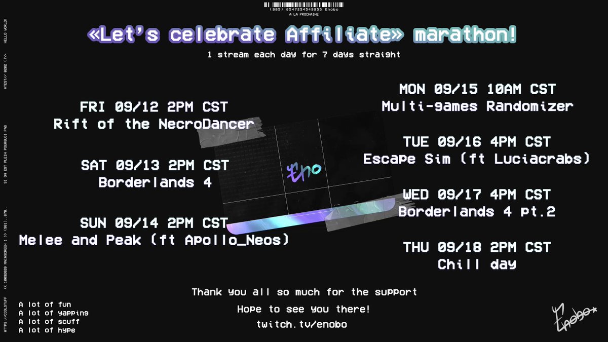 Enobo_Unity's tweet image. Hello everyone!

Huge stream marathon incoming (from the 12th to the 18th) to celebrate the Affiliate promotion on Twitch!
We're still a small community but I want to celebrate that with all of you so hope to see you there💚

Also my first 2 collabs and I'M SO HYPED!!!💚