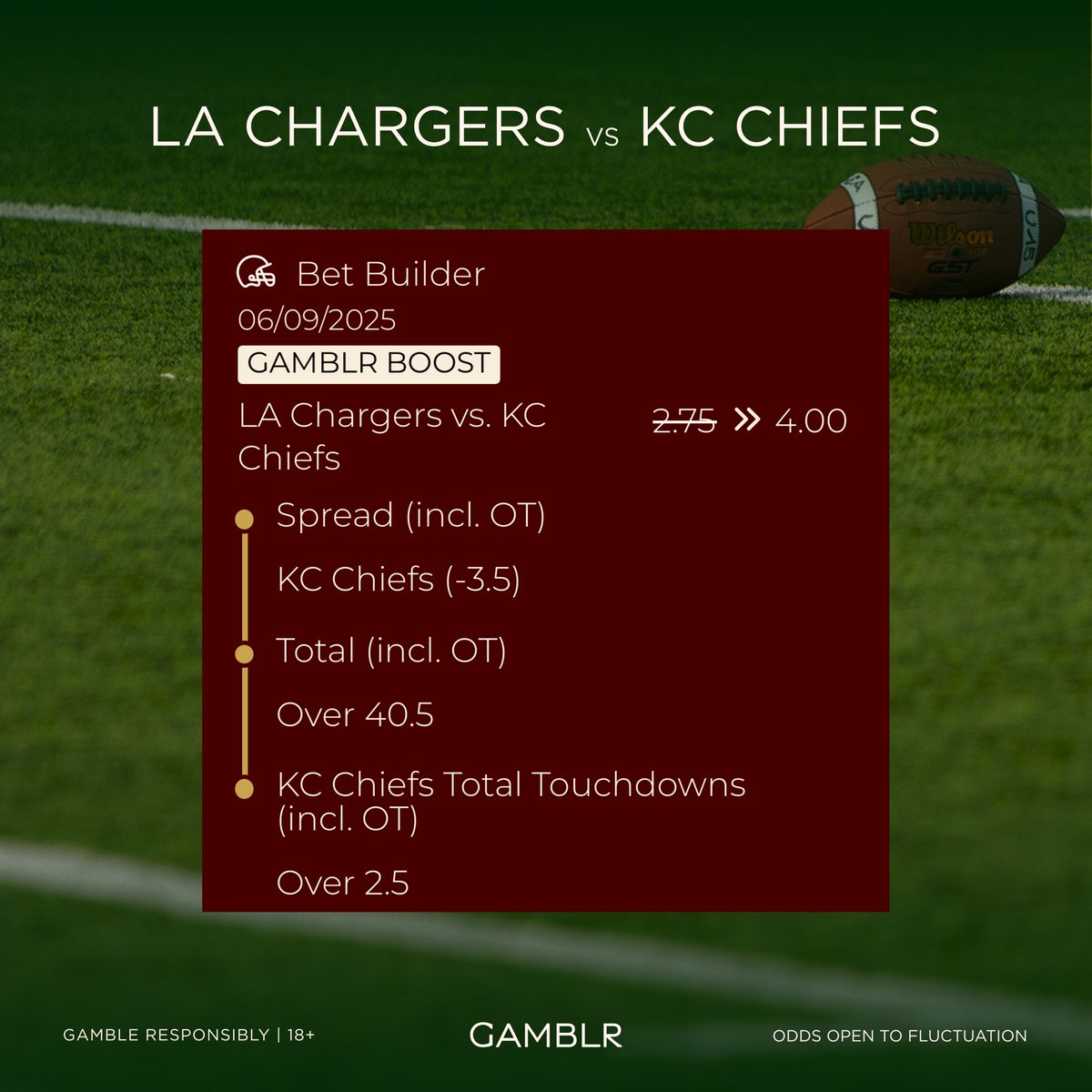 Gamblr_io's tweet image. Boosted bet builders, props, specials and more on every #NFL game all season! ⚡️

Claim your matched deposit bonus up to $5,000 now and start betting with Gamblr! 💰

#KCvsLAC