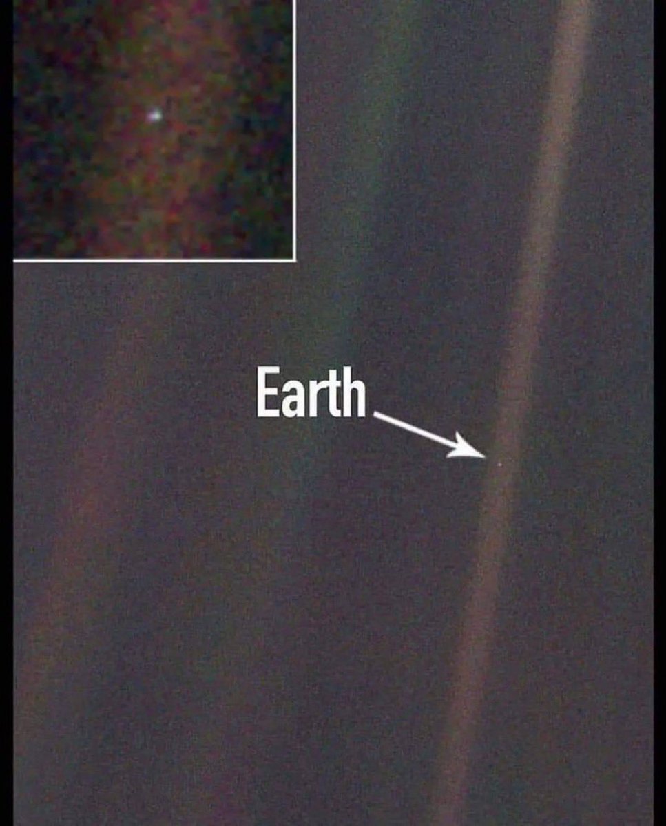 This little dot is Earth about 6 Billion kilometers away (3.7 billion miles) taken by Voyager 1, as it was leaving our solar system. Launched 5 Sept 1977