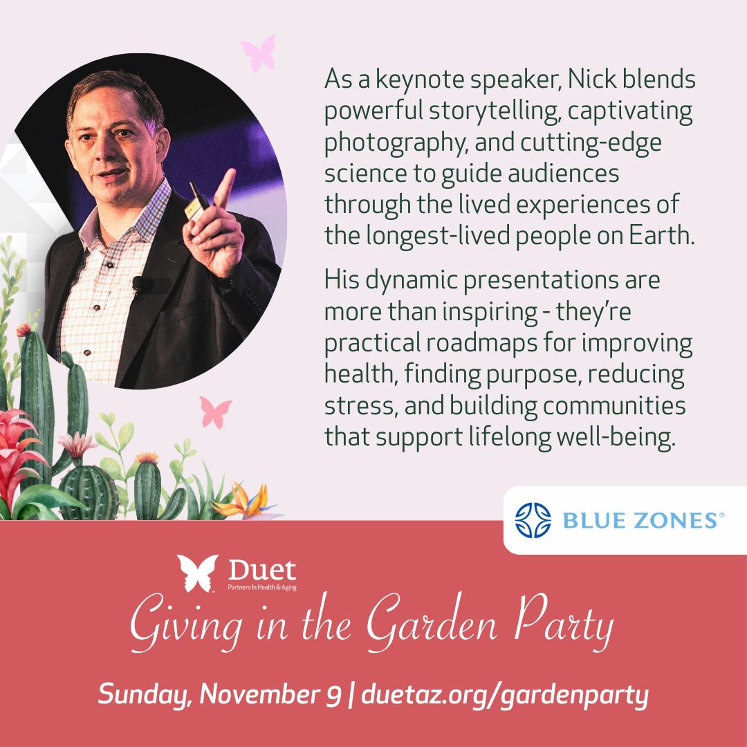 DuetAZ's tweet photo. Exciting News! We are thrilled to announce that Nick Buettner, producer of the original @BlueZones expeditions, will be Duet's keynote speaker at this year’s Giving in the Garden Party!

Purchase tickets and tables now for an afternoon of inspiration: https://t.co/5XYmj0607m https://t.co/FuUm667TKl