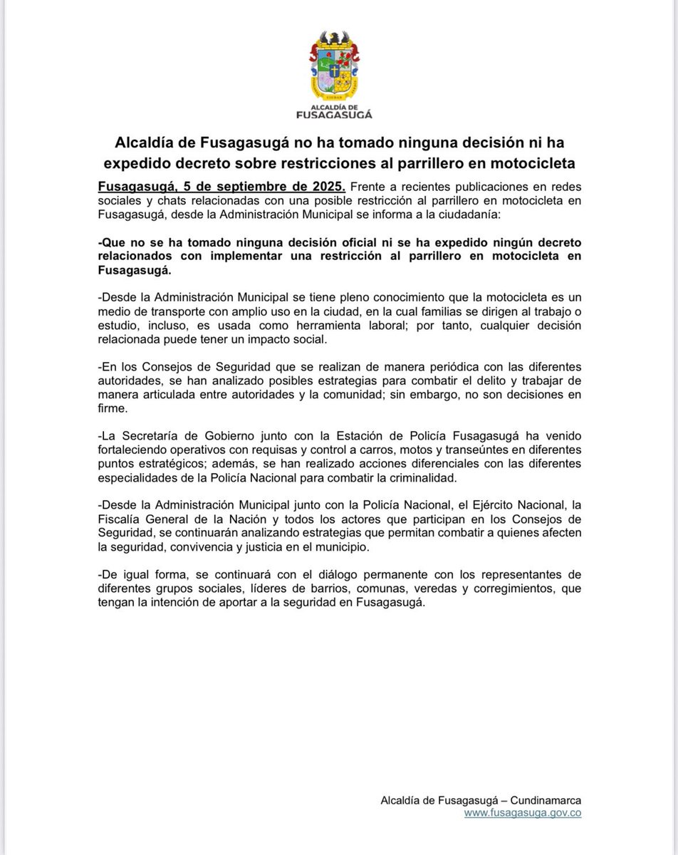 Desde la Alcaldía de Fusagasugá reiteramos que NO se ha tomado ninguna decisión y NO se ha expedido ningún decreto relacionado con restricciones al parrillero en motocicleta en la ciudad. 

Mayor información 👇🏽