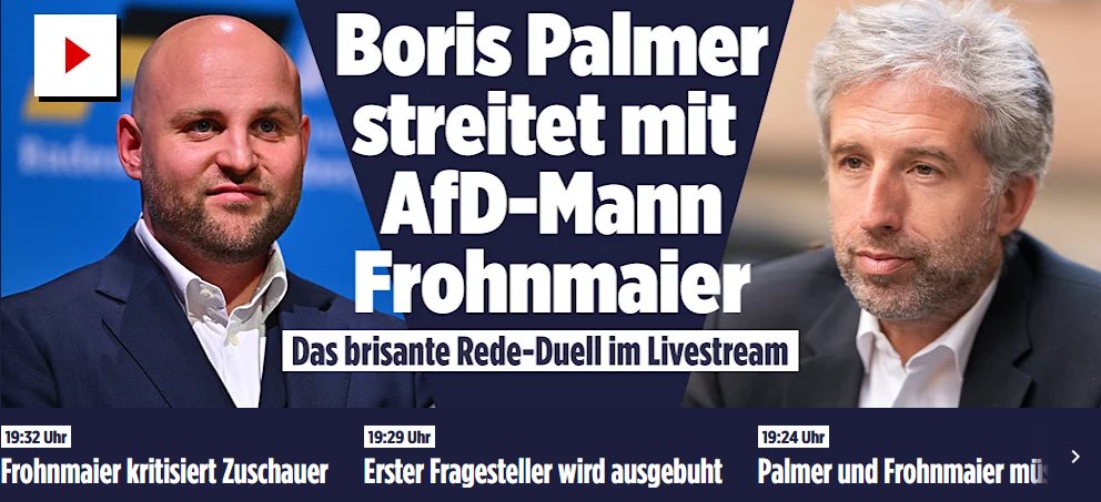 Im kommunistischen Tübingen versucht der steuerfinanzierte, linke NGO-Komplex ein Gespräch zwischen Bürgermeister Palmer und Markus Frohnmaier von der AfD mit dem üblichen Geplärre zu verhindern. Das muss diese Unsere Demokratie sein, von der sie alle immer wieder sprechen.