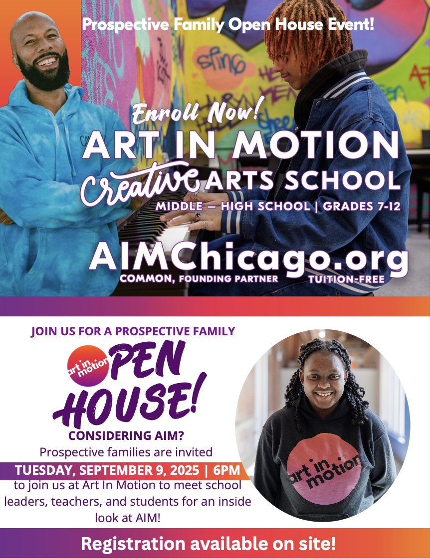 Searching for a school where arts and education go hand in hand? At AIM, we blend rigorous academics with a deep passion for the arts. 

Join us for open house: Tuesday, September 9, 2025 | 6pm | 7415 S East End Ave
Registration available on site!