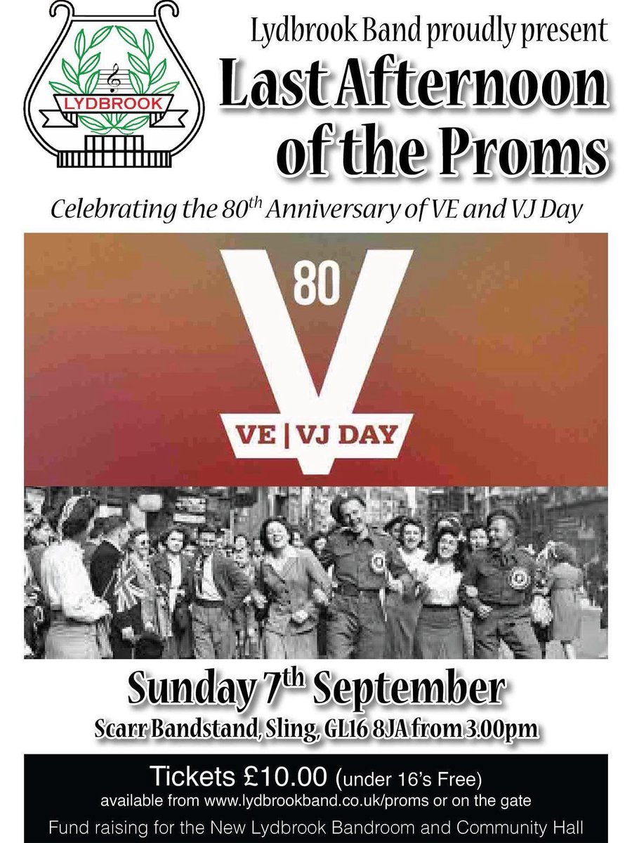 Don’t miss Lydbrook Band at Scarr Bandstand Sunday! Tickets available on the gate. Bring your chairs &amp; enjoy an afternoon of entertainment celebrating the 80th anniversary of VE &amp; VJ Day. 🎶 Homemade cakes will be available for you to buy as a sweet treat while you listen. 🍰