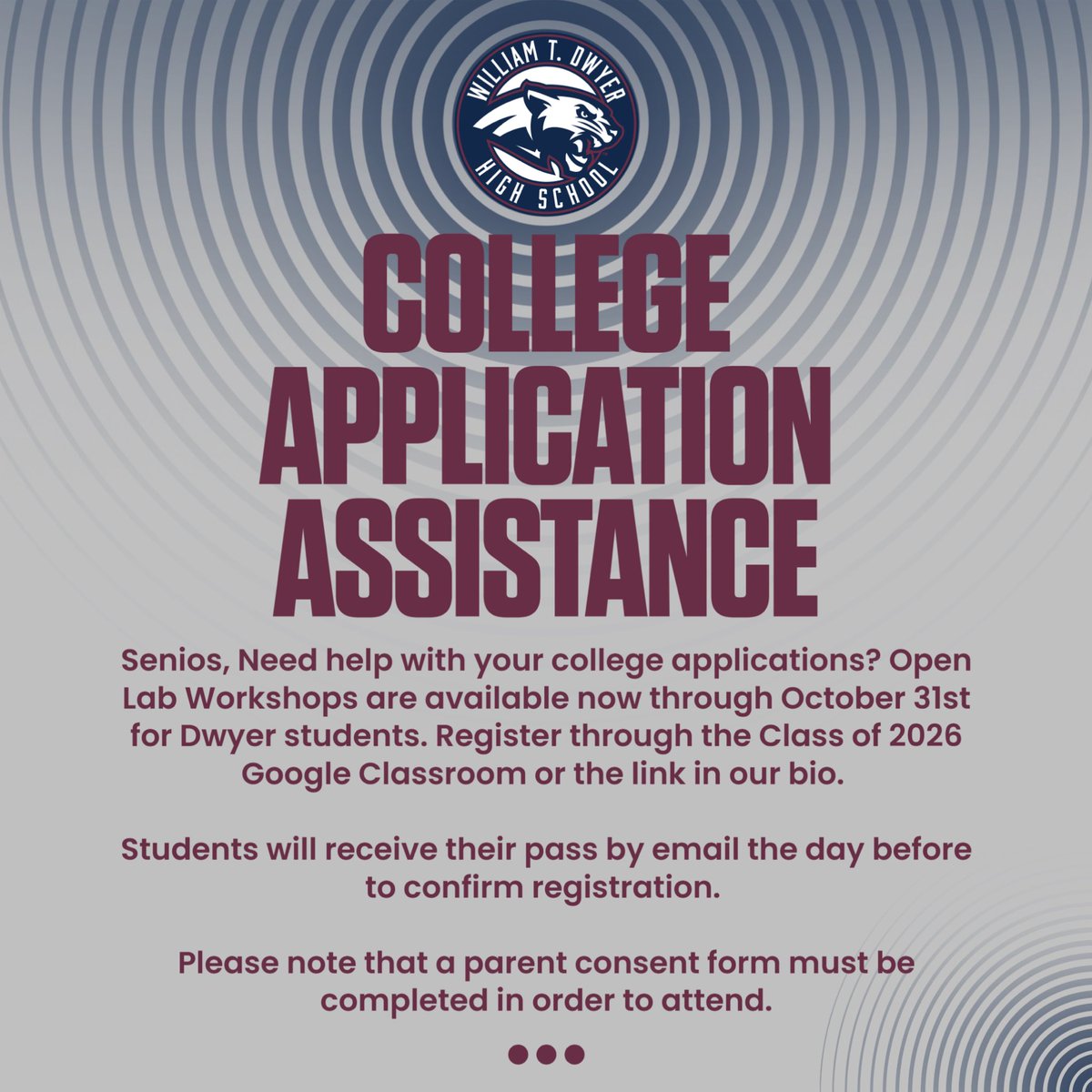 DwyerCounseling's tweet photo. Any Dwyer Senior needing help with their college applications can sign up for our College Application Assistance Open Labs with Postsecondary Coordinator, Ms. Mounce. Link to sign-up is in our bio or in the CO 2026 Google Classroom.
#WeAreDwyer #CollegeReady https://t.co/otY4q0ksH0