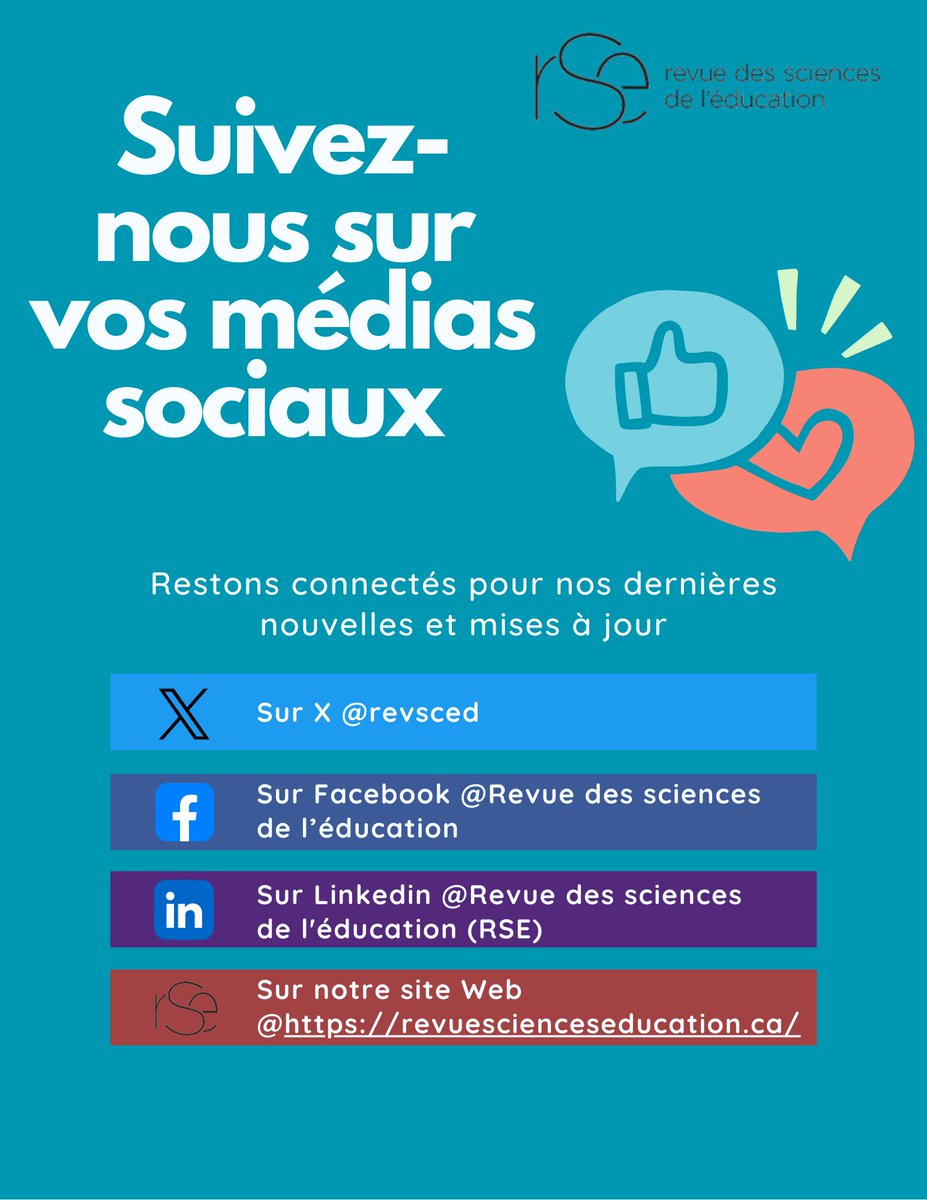 📢 Suivez la Revue des sciences de l’éducation sur nos réseaux sociaux pour découvrir nos dernières publications, actualités et appels à contribution !