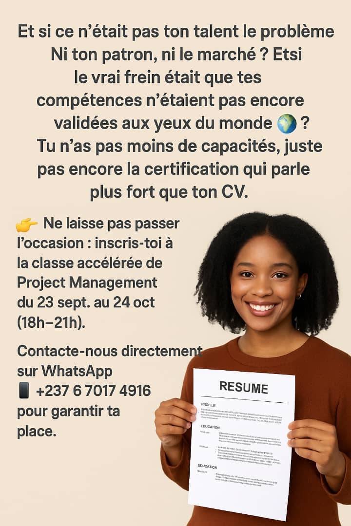Deviens PMP avec Solutionneurs Academy :
✅ 150+ pros formés dans 12 pays
✅ 23 promos
✅ 100% réussite 🎯
Nos alumni bossent à l’ONU, banques, tech &amp; ONG.🌍
Envoie   “PMP” au wa.me/237670174916

#PMP #ManagementDeProjet #Leadership #CarrièreInternationale