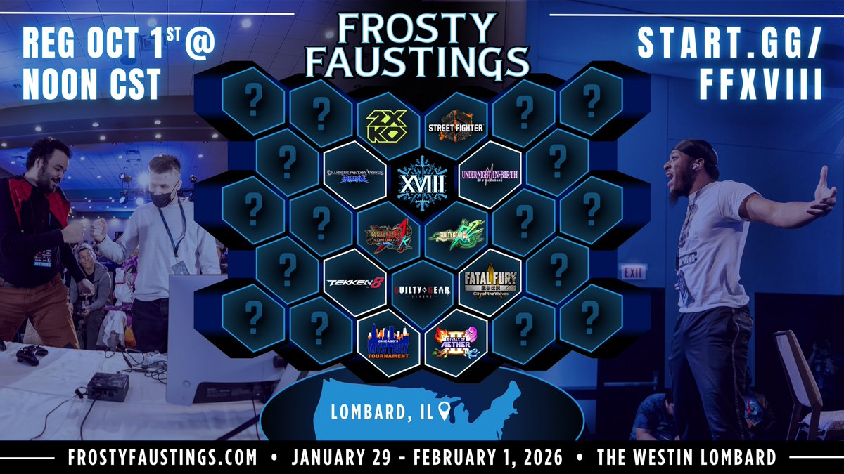 #FFXVIII2026 Main games announcement (2 of 5)
🆕 The debut of FFCOTW!
🌃🗡️UNI2 and GBVSR return as part of the AWT!
Also returning:
👊 Tekken 8
🐸 Rivals of Aether II
❓ Chicago's Mystery Tournament

Next round of games announced tomorrow!
