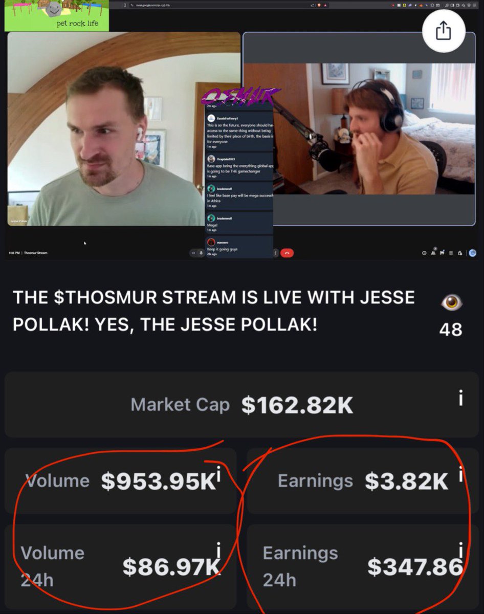 Screenshot of $THOSMUR livestream with Jesse Pollak on Retake.tv, showing market cap, volume, and earnings metrics