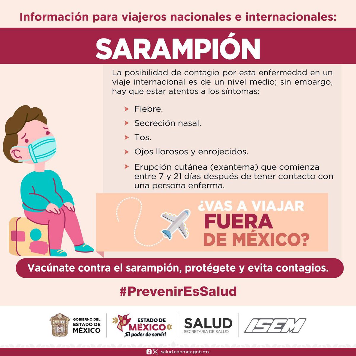 #Sarampión | Si al regresar de viaje presentas algún signo o síntoma, solicita atención médica inmediata e informa al personal de salud a que sitio viajaste. 

📌Ingresa a: bit.ly/3Gkt2rS
#PrevenirEsSalud